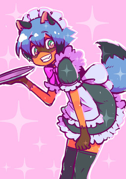 anthro black_body black_fur black_hair blue_body blue_eyes blue_fur blue_hair blush brown_body brown_fur clothed clothing facial_markings female fluffy fluffy_tail fur gloves_(marking) hair head_markings legwear looking_at_viewer maid_headdress maid_uniform markings mask_(marking) multicolored_body multicolored_fur multicolored_hair smile solo sparkles tail thigh_highs uniform manburu brand_new_animal studio_trigger michiru_kagemori canid canine mammal raccoon_dog tanuki 2020 hi_res