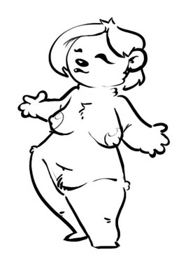 anthro black_nose breasts chest_tuft eyes_closed female front_view hip_tuft navel nipples nude pose slightly_chubby solo spread_arms standing toony tuft batty_(artist) bear mammal 2025 line_art low_res monochrome pinup