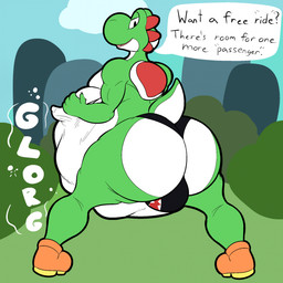 abdominal_bulge ambiguous_gender ambiguous_prey anthro anthro_pred back_spikes belly big_belly big_bulge big_butt bulge bulge_from_behind bullet_bill_underwear butt clothing dialogue digestion duo face_imprint footwear hand_on_belly hand_on_own_belly huge_belly huge_butt imprint inviting_viewer looking_at_viewer male male_anthro male_pred open_mouth oral_vore rear_view rumbling_stomach shell shoes smile speech_bubble spikes spikes_(anatomy) squirming struggling struggling_prey tail talking_to_viewer text thong underwear unwilling_prey vore kanida mario_bros nintendo dinosaur green_yoshi prehistoric_species reptile scalie yoshi 1:1 digital_drawing_(artwork) digital_media_(artwork) english_text hi_res