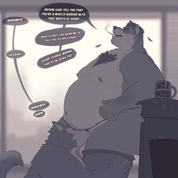 anthro belly big_belly blurred_background breath chest_tuft cigarette container cup dark_body dark_fur dialogue duo eyes_closed fat_arms fat_legs fellatio fur hair head_rub headpat male male/male male_anthro mostly_nude mug nipples oral overweight overweight_anthro overweight_male panting penile sex speech_bubble standing tail text tuft zcdartz canid canine canis mammal wolf 1:1 english_text hi_res monochrome