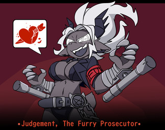alternate_species anthro big_breasts breasts claws female fur furrification glowing glowing_eyes grey_body grey_fur hair horizontal_pupils horn pupils red_background simple_background solo white_eyes white_hair lasso_(artist) helltaker judgement_(helltaker) bovid caprine caprine_demon demon goat mammal hi_res
