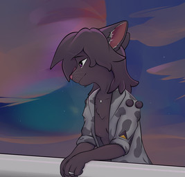 anthro breasts clothed clothed_female clothing female inner_ear_fluff jacket open_clothing open_jacket open_topwear pink_nose purple_eyes solo sunset topwear tuft whiskers cdt2s snowflake_(cdt2s) domestic_cat felid feline felis mammal hi_res