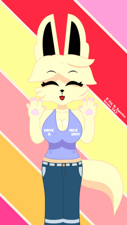 anthro big_breasts bottomwear breasts cleavage clothed clothing denim denim_bottomwear denim_clothing eyelashes eyes_closed female fur gesture hand_pawpads jeans open_mouth open_smile pants pattern_background purple_clothing purple_shirt purple_tank_top purple_topwear shirt simple_background small_waist smile solo striped_background tail tank_top text topwear waving waving_at_viewer yellow_body yellow_fur castigo canid mammal 2021 9:16 animated english_text hi_res portrait three-quarter_portrait