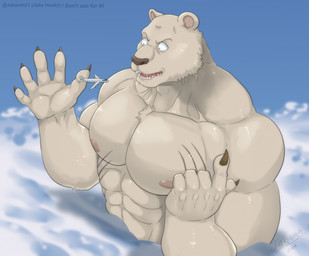 abs aircraft airplane anthro barazoku big_muscles brown_body claws clothed clothing cloud gesture hand_gesture huge_muscles humanoid_hands macro male muscular muscular_anthro muscular_male neck_muscles nipples pecs pointing pointing_up scar sky solo topless topless_anthro topless_male vehicle jabuhusky beastars riz_(beastars) bear mammal 2026 hi_res signature
