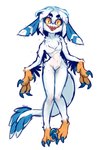 4_fingers blue_tail claws eyebrows finger_claws fingers front_view hair multicolored_body nude open_mouth orange_body sharp_teeth simple_background solo tail teeth two_tone_tail white_background white_body white_hair white_tail color_fox avian 2023 absurd_res hi_res