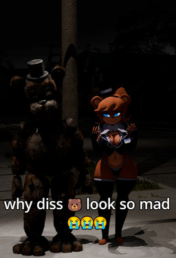 anthro blurred_background blurred_foreground breasts brown_body brown_fur cleavage clothed clothing creepy damaged duo emoji female fur male male/female night street street_lamp text chill_chichik cryptiacurves_(modeler) five_nights_at_freddy's fredina's_nightclub scottgames why_dis_look_so_mad_(meme) freddy_(fnaf) bear mammal 3d_(artwork) digital_media_(artwork) hi_res meme