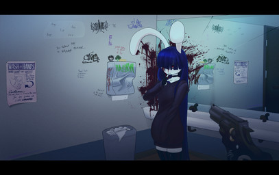 altered_reflection anthro bathroom black_bars blood blood_splatter bodily_fluids clothing colored_nails femboy graffiti gun horror_(theme) latex latex_clothing male mirror nails poster public_restroom ranged_weapon reflection sink text violence weapon creambeam riley_(creambeam) lagomorph leporid mammal rabbit vampire absurd_res english_text hi_res letterbox