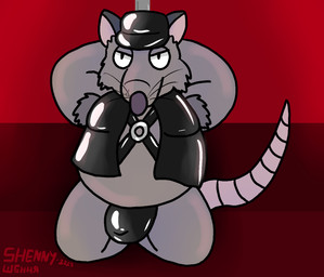 anthro armpit_hair belly body_hair bulge clothing grey_body harness hat headgear headwear leather leather_harness male overweight overweight_male pole solo stripper stripper_pole underwear goobadger brok_the_investigator cowcat_games guard_(brok_the_investigator) mammal murid murine rat rodent 2024 hi_res