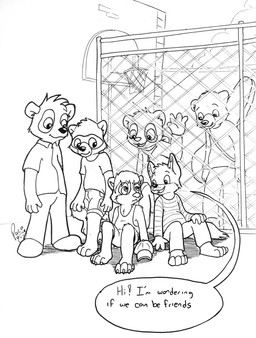 anthro basketball_hoop bottomwear clothed clothing cloud group head_tuft jacket male male_anthro open_mouth open_smile outside pants pattern_clothing pattern_shirt pattern_topwear shirt shorts sitting smile speech_bubble standing striped_clothing striped_shirt striped_topwear stripes t-shirt text topwear tuft young young_anthro young_male pandapaco art_(pandapaco) biro_(pandapaco) julio_(pandapaco) nemorio parinton travis_cooncub bear brown_bear canid canine fox giant_panda grizzly_bear mammal mephitid procyonid raccoon skunk ursine english_text monochrome sketch