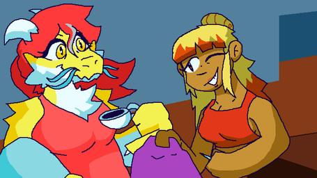 anthro blonde_hair blue_whiskers cheek_tuft container cup duo facial_tuft female fluffy fluffy_chest hair horn orange_eyes red_hair sewing sewing_needle tan_body tan_skin tea_cup tuft whiskers yellow_eyes cookie_studios mythology starfall_crusaders stellar_skyrockett violet_ninsune dragon human humanoid mammal mythological_creature mythological_scalie scalie