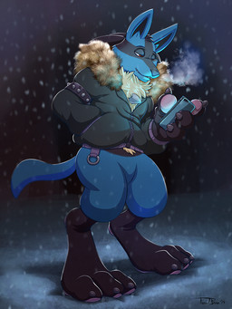 3_toes 4_fingers anthro armband big_feet big_hands biped black_armband black_body black_claws black_clothing black_feet black_finger_claws black_fur black_hands black_inner_ear black_jacket black_nose black_toe_claws black_topwear blue_body blue_ears blue_fur bottomless bottomless_anthro bottomless_male breath cellphone chest_spike claws closed_smile clothed clothed_anthro clothed_male clothing cold digitigrade electronics facial_markings featureless_crotch feet finger_claws fingerpads fingers fur hand_in_pocket head_markings holding_cellphone holding_object holding_phone holding_smartphone jacket looking_at_cellphone looking_at_object looking_at_phone looking_down male male_anthro markings mouth_closed multicolored_body multicolored_fur narrowed_eyes night outside pawpads phone pink_pawpads pockets red_eyes smartphone smile snow snowing solo spiked_armband spikes spikes_(anatomy) standing tail teeth three-quarter_view toe_claws toes topwear white_spikes yellow_body yellow_fur zipper teaselbone nintendo pokemon generation_4_pokemon lucario pokemon_(species) 2019 digital_drawing_(artwork) digital_media_(artwork) full-length_portrait portrait shaded signature