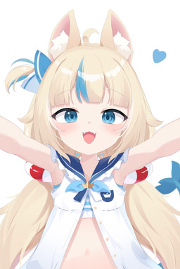 accessory ahoge animal_ears bikini bikini_under_clothing blonde_hair blue_eyes blush clothing dress fangs female flat_chested fluffy_ears glistening glistening_hair hair hair_accessory heart_symbol highlights_(coloring) hug_request long_hair navel open_dress open_mouth outstretched_arms pattern_bikini pattern_clothing pattern_swimwear pigtails ribbons simple_background striped_bikini striped_clothing striped_swimwear stripes swimwear teeth two-piece_swimsuit white_background white_clothing white_dress young young_female young_humanoid snmdx vtuber sameko_saba_(vtuber) animal_humanoid cat_humanoid felid felid_humanoid feline feline_humanoid humanoid mammal mammal_humanoid absurd_res hi_res