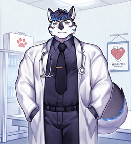 accessory anthro belt black_hair black_necktie black_nose blue_hair blue_markings blue_tail_tip bottomwear clothed clothing coat collared_shirt dark_pants dark_shirt dipstick_tail doctor dress_shirt ears_up front_view fur grey_body grey_fur grey_tail hair hand_in_pocket inside lab_coat looking_at_viewer male markings medical_instrument multicolored_hair muscular muscular_male necktie neutral_expression pants pockets scientific_instrument shirt solo standing stethoscope tail tail_markings tie_clip topwear white_body white_clothing white_coat white_fur white_topwear yellow_eyes k_h236 thunderrangers archermagnum canid canine canis domestic_dog husky mammal nordic_sled_dog spitz wolf hi_res portrait three-quarter_portrait