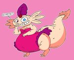 belly big_belly breasts clothing dress female heterochromia overweight overweight_female pink_background simple_background solo speech_bubble text agouti-rex charly_(mpff) amphibian axolotl marine mole_salamander salamander 2016 english_text