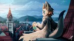 16:9 2021 4k absurd_res ambiguous_anthro ambiguous_gender anamorphic_lens_flare anthro blaedic blue_eyes blue_sky building casual_nudity cheek_tuft clock clock_tower cloud detailed_background digital_media_(artwork) digital_painting_(artwork) dipstick_tail dragon eastern_dragon facial_tuft feathered_wings feathers fur furred_dragon furred_scalie hi_res high_place horn lake looking_down markings mountain multi_horn mythological_creature mythological_scalie mythology neck_tuft nude on_roof outside plant pupils rear_view roof_shingle scalie sitting sky slit_pupils smile snow snowing solo street taco_(taco0393) tail tail_markings tower town tree tuft water white_body white_feathers widescreen wings young young_ambiguous young_anthro