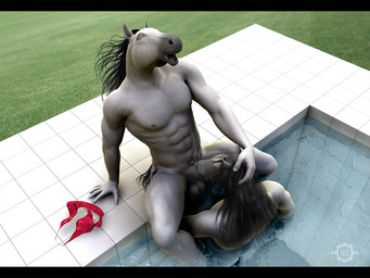 abs balls biceps bodily_fluids clothing cum cum_in_mouth cum_inside duo erection fellatio genital_fluids genitals hair intraspecies male male/male male_penetrated male_penetrating male_penetrating_male muscular muscular_male nipples nude oral oral_penetration orgasm pecs penetration penile penis sex speedo swimming_pool swimwear water tailsup4tyranno equid equine horse mammal 3d_(artwork) 4:3 digital_media_(artwork)