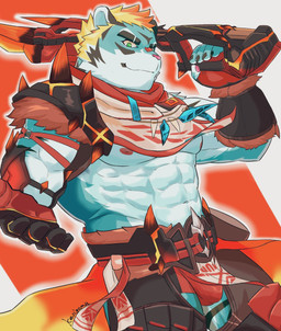 abs anthro armor blonde_hair blue_body blue_fur fur hair male melee_weapon muscular muscular_anthro navel nipples pecs solo striped_body striped_fur stripes superhero sword unconvincing_armor weapon bunbougu_ksgm lifewonders live_a_hero rexer felid mammal pantherine tiger hi_res