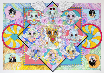 1_eye accessory alternative_fashion anime_style bangs blonde_hair blue_body blue_skin blunt_bangs bottomwear braided_pigtails breasts brown_body brown_skin clothed clothing dark_body dark_skin denim denim_bottomwear denim_clothing ear_piercing ear_ring eyelashes eyeliner eyeshadow eyewear eyewear_on_head feathered_wings feathers female flower flower_in_hair group gyaru hair hair_accessory hair_bun hoop_ear_ring ishoku_hada j-fashion jeans lips lipstick long_hair looking_at_viewer makeup mandala multicolored_hair not_furry open_mouth orange_body orange_skin pants piercing pigtails pink_body pink_eyelids pink_eyeshadow pink_hair pink_skin plant psychedelic purple_body purple_skin ring_piercing scrunchie sitting smile smiley_face sunglasses sunglasses_on_head topwear wavy_hair wearing_sunglasses white_eyeshadow white_lips white_lipstick wings yellow_eyelids yellow_eyeshadow yurie_sekiya angel angel_humanoid cyclops human humanoid mammal winged_humanoid absurd_res colorful_theme full-length_portrait hi_res painting_(artwork) portrait traditional_media_(artwork) traditional_painting_(artwork) traditional_watercolor_(artwork) watercolor_(artwork)