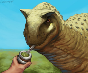 ambiguous_gender beverage day drinking drinking_straw drinking_straw_in_mouth duo feral grass helping horn osteoderms outside plant scales scar size_difference tan_body tan_scales yerba_mate chichecm2 abelisaurid carnotaurus dinosaur human mammal prehistoric_species reptile saurischian scalie theropod hi_res signature