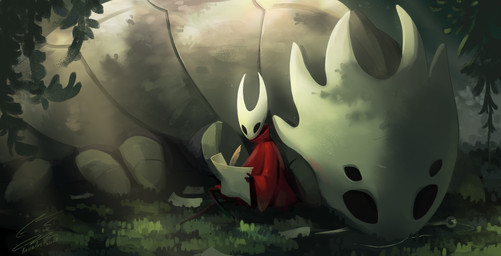 ambiguous_gender cloak cloak_only clothed clothing duo exoskeleton feral grass grey_body grey_exoskeleton hornet's_needle larger_ambiguous larger_feral monotone_cloak plant red_cloak red_clothing size_difference white_head kairaartabsurd hollow_knight:_silksong hollow_knight_(franchise) team_cherry bell_beast hornet_(hollow_knight) arthropod absurd_res hi_res