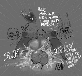 anthro areola balls big_balls big_breasts biped black_eyes bodily_fluids breasts cheek_spots cum cum_in_vagina cum_inflation cum_inside dialogue duo ear_piercing ear_ring excessive_cum excessive_genital_fluids exclamation_point eye_roll eyebrows eyelashes eyeshadow female fur genital_fluids genitals heart_pupils heart_symbol impregnation inflation long_tongue lying makeup male male/female nipples on_back one_eye_closed ovum penetration penile penile_penetration piercing pupils ring_piercing saliva sex sound_effects sperm_cell teeth text tongue tongue_out white_pupils white_text cofficremer coffi_(cofficremer) kc_(kingclown) amphibian canid canine fox frog mammal 2025 absurd_res english_text hi_res monochrome