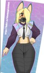 anthro black_bottomwear black_clothing black_nose black_pants blonde_hair bottomwear brown_body brown_fur clothing crop_top exposed_belly female front_view fur grey_body grey_fur hair iridescent jacket long_hair necktie orange_eyes pants purple_clothing purple_jacket purple_topwear shirt solo standing topwear bluemagicsteban iris_(bluemagicsteban) canid canine canis domestic_dog german_shepherd herding_dog humanoid mammal pastoral_dog absurd_res hi_res