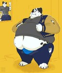 4_toes 5_fingers abs anthro belly big_belly big_cheeks black_ears black_spots blue_bottomwear blue_clothing blue_eyes blue_pants blue_underwear blush bodily_fluids bottomwear bulge canid canine canis clothed clothing dalmatian domestic_dog english_text feet fingers fur grey_clothing grey_shirt grey_topwear hand_on_belly huge_belly inside jacket letterman_jacket looking_down_at_self male mammal muscular muscular_anthro muscular_male navel obese obese_anthro obese_male open_bottomwear open_clothing open_pants overweight overweight_anthro overweight_male pants pecs rico_(rezznov) shirt simple_background solo spots standing sweat sweatdrop tcw teeth text toes topwear torn_bottomwear torn_clothing torn_jacket torn_pants underwear white_body white_fur yellow_background