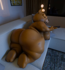 anthro big_butt black_nose brown_body brown_fur butt controller eyebrows fur furniture holding_controller holding_object holding_remote_control male moobs mouth_closed on_sofa overweight overweight_anthro overweight_male pillow plushie remote_control sofa solo thick_thighs xeytech ted_(ted) animate_inanimate bear living_plushie mammal teddy_bear_(species) 2026 3d_(artwork) digital_media_(artwork) english_description hi_res