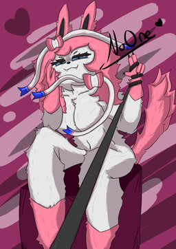 anthro bdsm blue_eyes fangs female fur leash leash_pull leashed_viewer pink_body pink_fur ribbons sitting solo teeth white_body white_fur noonearts nintendo pokemon eeveelution generation_6_pokemon pokemon_(species) sylveon absurd_res hi_res
