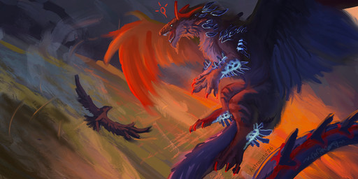 ambiguous_gender black_body black_feathers duo feathered_wings feathers feral field flying sunset wings astraceta european_mythology mythology avian bird dragon mythological_creature mythological_scalie scalie western_dragon absurd_res hi_res
