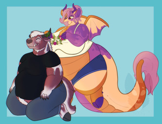 3_fingers 3_toes anthro back_wings barefoot belly big_belly big_breasts big_tail biped black_clothing black_shirt black_topwear blue_bottomwear blue_clothing blue_jeans blue_pants body_hair bottomwear breasts broken_horn brown_body brown_fur clothed clothed_anthro clothed_female clothed_male clothing cloven_hooves denim denim_bottomwear denim_clothing duo eyes_closed feet female female_anthro fingers flower flower_crown flying fur grey_hooves grey_horn grey_nose hair happy happy_trail hoof_hands hooved_fingers hooves horn huge_breasts huge_tail jeans kneeling male male_anthro membrane_(anatomy) membranous_wings moobs mottled obese obese_anthro obese_female obese_male orange_body orange_membrane orange_scales orange_wings overweight overweight_anthro overweight_female overweight_male pants pink_hair pink_tuft plant purple_body purple_hooves purple_horn purple_scales scales sharp_teeth shirt smile spread_wings tail tail_on_ground tail_tuft teeth thick_tail toes topwear tuft underbite unguligrade ventral_scales white_body white_fur wings strawberrymilkdog mythology bovid bovine cattle dragon hybrid mammal mythological_creature mythological_scalie scalie 2022 character_request colored hi_res watermark