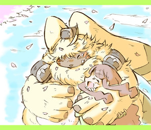 ahoge anthro belt blush brown_hair duo female fluffy fluffy_chest fur hair hair_over_eyes hug male smile wind yellow_body yellow_fur okudami bandai_namco digimon digimon_ghost_game angoramon_(ghost_game) ruri_tsukiyono angoramon digimon_(species) human mammal letterbox