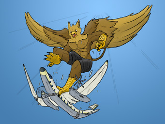 4_toes 5_fingers abs aircraft airplane anthro balls beak biceps biped boxer_briefs brown_body bulge claws clothed clothing crush destruction detailed_bulge erection erection_under_clothing feathered_wings feathers feet finger_claws fingers foot_crush genital_outline genitals humanoid_genitalia humanoid_penis kick machine macro macro_anthro macro_male male muscular muscular_anthro muscular_male open_mouth outside paws pecs penile penis rampage sky solo stomping tail toe_claws toes topless underwear vehicle vehicle_destruction wings serb mythology carpo avian gryphon mythological_avian mythological_creature 4:3