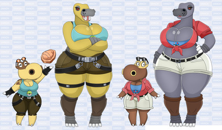 4_toes anthro belt big_breasts bottomwear breasts brown_body clothing dome_fossil eyewear feet female fossil gloves great_ball grey_body group handwear legwear nest_ball pokeball pokemorph red_eyes shirt shorts sunglasses toes topwear yellow_body urusee584 nintendo pokemon generation_4_pokemon hippopotas hippowdon pokemon_(species) absurd_res hi_res