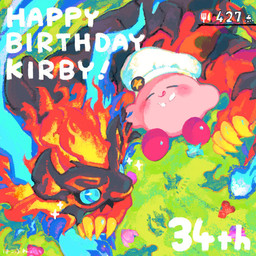 ambiguous_gender anniversary biped bird's-eye_view black_body blue_body blue_eyes blush chef_hat claws clothing detailed_background duo eyes_closed feral fire flaming_hair flaming_mane flower food_on_face grass_field hat headgear headwear high-angle_view looking_at_another lying multicolored_body on_back on_front pink_body plant pseudo_hair pseudo_mane quadruped red_body resting sleeping sparkles text tongue tongue_out yellow_claws hakobune kirby's_anniversary kirby_(series) kirby_air_riders kirby_cafe nintendo kirby leo_(kirby) elemental_creature felid fire_creature lion mammal pantherine waddling_head 1:1 2026 digital_drawing_(artwork) digital_media_(artwork) english_text hi_res