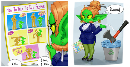 2_panel_comic axe blazer blue_blazer blue_bottomwear blue_clothing blue_skirt bottomwear breasts button_(fastener) clothed clothed_female clothed_humanoid clothing dialogue ear_piercing ear_ring eyebrows eyelashes female female_humanoid fingers flyer_(pamphlet) footwear green_ears green_hair hair hair_bun high_heels huge_ears humanoid_pointy_ears humor not_furry orange_eyebrows orange_hair pamphlet piercing pointy_ears recycling_bin ring_piercing shirt shoes shortstack shortstack_female skirt solo text thought_bubble topwear white_clothing white_shirt white_topwear yellow_sclera mario-grant how_to_talk_to_short_people ms._nasbh'ke_(mario-grant) goblin humanoid 2026 comic digital_media_(artwork) english_text hi_res meme
