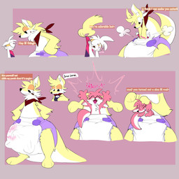 3_fingers 3_toes 4_fingers ambiguous_gender anthro big_diaper black_nose clean_diaper clock clothed clothing color_coded_text dialogue diaper diaper_puff diaper_stuffing duo ears_down eye_contact eyes_closed fangs feet fingers fur half-closed_eyes hands_on_hips headpat heart_symbol holding_another huge_diaper inner_ear_fluff inside_diaper kerchief long_ears looking_at_another looking_down looking_down_at_partner looking_up_at_partner narrowed_eyes neckerchief neckwear open_mouth open_smile pink_nose pivoted_ears pouch_(anatomy) profanity red_body red_ears red_fur red_kerchief red_neckerchief red_tail scruff_grab shared_diaper shoving simple_background smile species_transformation speech_bubble standing struggling tail teeth text tilde_after_text toes transformation tuft two_tone_tail vowelless vowelless_vocalization watch wavy_mouth wearing_diaper whisker_spots white_body white_ears white_fur white_inner_ear white_inner_ear_fluff white_tail wristwatch yellow_body yellow_ears yellow_eyelids yellow_fur yellow_tail rapoof nintendo pokemon fang29_(character) rapoof_(character) canid canine canis domestic_dog generation_8_pokemon hybrid kangaroo macropod mammal marsupial pokemon_(species) raboot 1:1 absurd_res comic comic_sans english_text hi_res