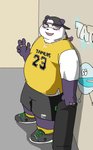 anthro bottomwear clothing fur humanoid_hands jewelry kemono male overweight overweight_anthro overweight_male purple_body purple_fur shirt shorts solo text text_on_clothing text_on_jewelry text_on_shirt text_on_topwear topwear white_body white_fur bonedra lifewonders tokyo_afterschool_summoners alp_(tas) bear giant_panda mammal 2021 absurd_res hi_res