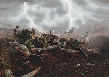 ambiguous_gender anthro armor army banner blind bone bone_necklace clothed clothing crowd detailed_background disability duo_focus electricity fangs fantasy group headgear helmet holding_melee_weapon holding_object holding_sword holding_weapon hood horde jewelry lightning melee_weapon military mountain necklace outside pike_(weapon) polearm runes rust shield skeleton skull spear standard sword tail teeth war weapon karl_kopinski warhammer_(franchise) warhammer_fantasy mammal murid murine rat rodent skaven 5:4 official_art