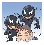 black_body bottomwear brown_hair chibi clothing duo empty_eyes footwear hair hoodie male not_furry pants sharp_teeth shoes smile teeth tendrils tongue tongue_out topwear kalamariboy marvel eddie_brock venom_(marvel) alien alien_humanoid human humanoid mammal symbiote