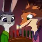 anthro candle clothed clothing dipstick_ears duo ear_markings female fire green_eyes holidays male multicolored_ears open_mouth open_smile purple_eyes smile text fanartiguess disney kwanzaa zootopia judy_hopps nick_wilde canid canine fox lagomorph leporid mammal rabbit red_fox true_fox 1:1 2016 absurd_res hi_res signature url