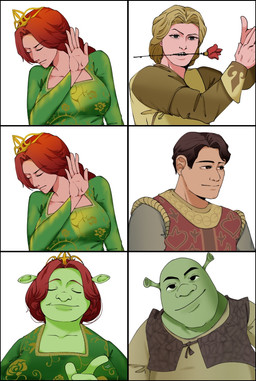 5_fingers 6_panel_comic arms_bent bent_arm big_breasts big_nose black_border black_eyebrows black_eyes blonde_hair blue_eyes border breasts brown_eyes brown_hair canon_couple closed_smile clothed clothed_female clothed_human clothed_humanoid clothed_male clothing collarbone crown dancing dress eyebrow_through_hair eyebrows eyelashes eyes_closed female female_human female_humanoid fingers flower flower_in_mouth gesture green_body green_clothing green_dress green_lips green_skin grey_clothing grey_topwear grey_vest group hair hand_gesture headgear lidded_eyes light lips looking_at_viewer male male_human male_humanoid medium_hair mouth_closed not_furry plant pointing prince princess red_clothing red_eyebrows red_hair red_shirt red_topwear red_tunic rose_(flower) rose_in_mouth royalty shirt short_hair simple_background smile smiling_at_viewer species_transformation standing tan_body tan_clothing tan_shirt tan_skin tan_topwear tan_tunic teeth thick_bottom_lip tiara topwear transformation translucent translucent_hair trio tunic vest white_background hachi_(artist) drakeposting dreamworks shrek_(series) prince_charming_(shrek) princess_fiona shrek_(character) human humanoid mammal ogre 2026 colored comic digital_drawing_(artwork) digital_media_(artwork) japanese_description lighting meme shaded