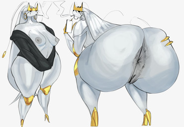 anal_hair antennae_(anatomy) anus areola arms_in_sleeves bent_over big_butt breasts butt cigarette clothing crown eyelashes female genitals grey_areola hanging_breasts headgear nipples pokemorph pose presenting presenting_anus presenting_hindquarters pubes rear_view simple_background smoking smoking_cigarette solo standing thick_thighs vulva quattrant nintendo pokemon arthropod generation_7_pokemon insect pheromosa pokemon_(species) ultra_beast hi_res