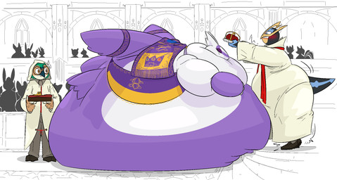 anthro belly big_belly clothing crown female group headgear huge_belly hyper inside obese obese_anthro obese_female overweight overweight_anthro overweight_female purple_body trio white_clothing thatoneaceguy nintendo pokemon kiki_(thatoneaceguy) decidueye empoleon generation_3_pokemon generation_4_pokemon generation_7_pokemon latias legendary_pokemon pokemon_(species) 2025 hi_res