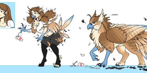 4_toes ahoge ambiguous_fluids annoyed avian_feet base_one_layout basic_sequence beverage bottomwear breasts brown_hair cere_(anatomy) claws clothed clothing dialogue drinking feet female feral hair human_to_feral linear_sequence long_hair nude one_row_layout open_mouth pants shirt simple_background solo species_transformation standing talons three_frame_image three_frame_sequence toes topwear torn_clothing transformation transformation_sequence flittermilk mythology avian gryphon human mammal mythological_avian mythological_creature 2015 hi_res sequence