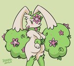 alternate_species ambiguous_gender anthro anthrofied big_ears butt chest_tuft flower flower_(anatomy) flower_ears fusion green_ears green_legs green_neck hair hand_on_butt head_flower leaf leaf_ears leaf_ruff plant pokemon_fusion pokemorph presenting presenting_hindquarters rear_view solo tuft itoruna fakemon nintendo pokemon shayunny elemental_creature flora_fauna generation_4_pokemon hybrid hybrid_pokemon lagomorph legendary_pokemon lopunny mammal pokemon_(species) shaymin 2022 digital_media_(artwork) portrait three-quarter_portrait