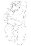 anthro belly blush bulge clothing eyewear glasses kemono lying male overweight overweight_anthro overweight_male shirt solo topwear underwear train_(artist) felid lion mammal pantherine 2018 2:3 monochrome