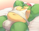 2023 alternate_version_at_paywall anthro anthrofied appletrucker appletun balls_outline barazoku bed belly big_belly briefs bulge clothed clothing detailed_bulge dragon fan_character furniture generation_8_pokemon genital_outline green_body hands_behind_head hat hat_over_eyes headgear headwear hi_res hidden_eyes lying male moobs musclegut muscular muscular_anthro muscular_male mythological_creature mythological_scalie mythology navel nintendo nipples non-mammal_nipples o-ro on_back on_bed overweight overweight_anthro overweight_male pantsless penis_outline pokemon pokemon_(species) pokemorph scalie shirt solo tank_top tighty_whities topwear underwear watermark white_briefs white_clothing white_shirt white_tank_top white_topwear white_underwear y-fronts