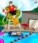 anthro clothed clothing duo extreme_size_difference female lifeguard macro male male/female partially_clothed pool pool_party pool_toy poolside size_difference swimming_pool swimwear conditional_dnp thaismotosuwa felid feline jaguar mammal pantherine 2021 absurd_res hi_res