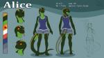 3_toes 5_fingers anthro biped bottomwear clothed clothing eyelashes eyes_closed feet female fingers forked_tongue gesture green_body green_scales markings orange_eyes orange_sclera pants scales shirt smile solo standing tank_top text toes tongue tongue_out topwear waving kittydee alice_(surgery-s) garter_snake reptile scalie snake 2019 digital_media_(artwork) english_text model_sheet